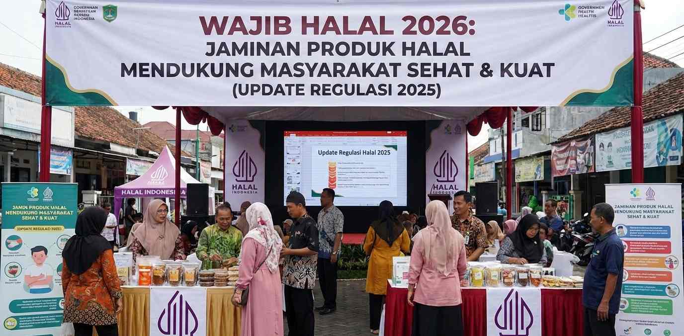 Wajib Halal 2026 Bagaimana Jaminan Produk Halal Mendukung Masyarakat Sehat & Kuat (Update Regulasi 2025) generate fotonya, realistik, natural dan tidak berlebihan, landscape